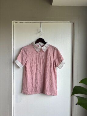 Pink Lace Collar Blouse Puff Sleeve Cottagecore Top